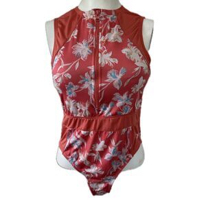 Ocean Pacific OP Sporty Open Back Zip Up Chest Floral One Piece Swimsuit S